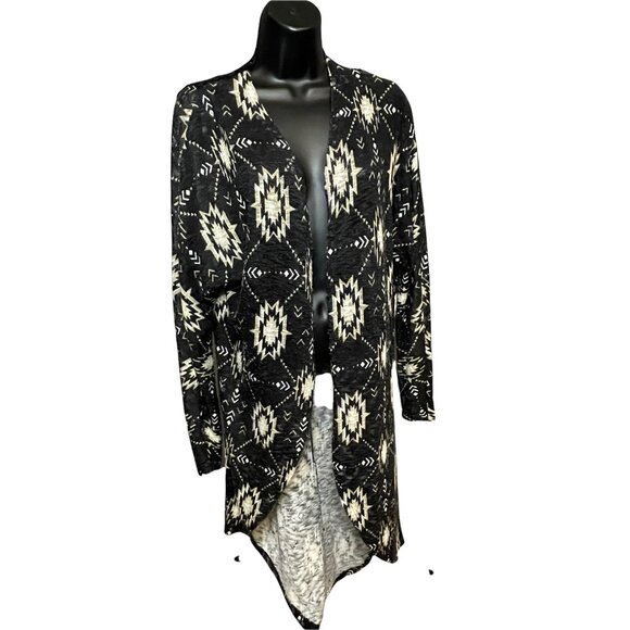 Xhilaration Womens Open-Front Cardigan M Black Aztec Print Lace-Back Long Sleeve - Picture 2 of 9